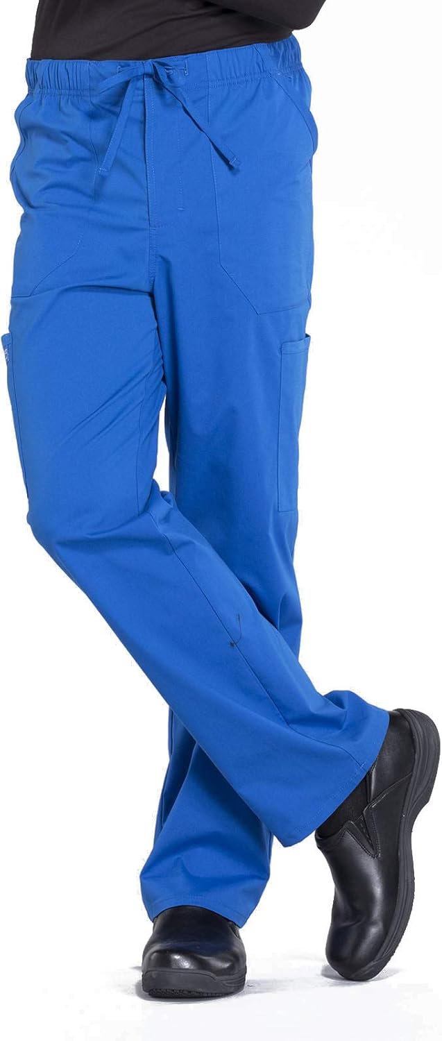 Cherokee Men Scrubs Set Workwear Professionals WW695 V-Neck Top & WW190 Tapered Leg Fly Front Cargo Pant, Royal- M Top/M Pant