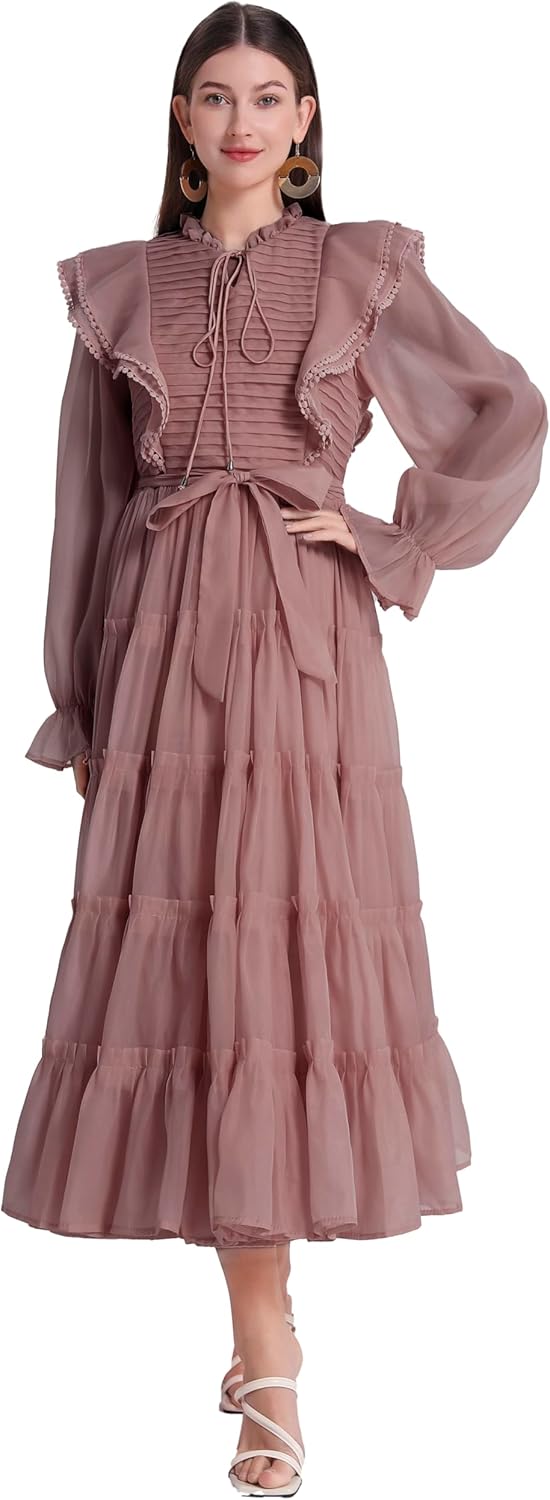 LAI MENG FIVE CATS Women's Summer Chiffon Pleate Puffed Sleeve Layered Hem Maxi Dress