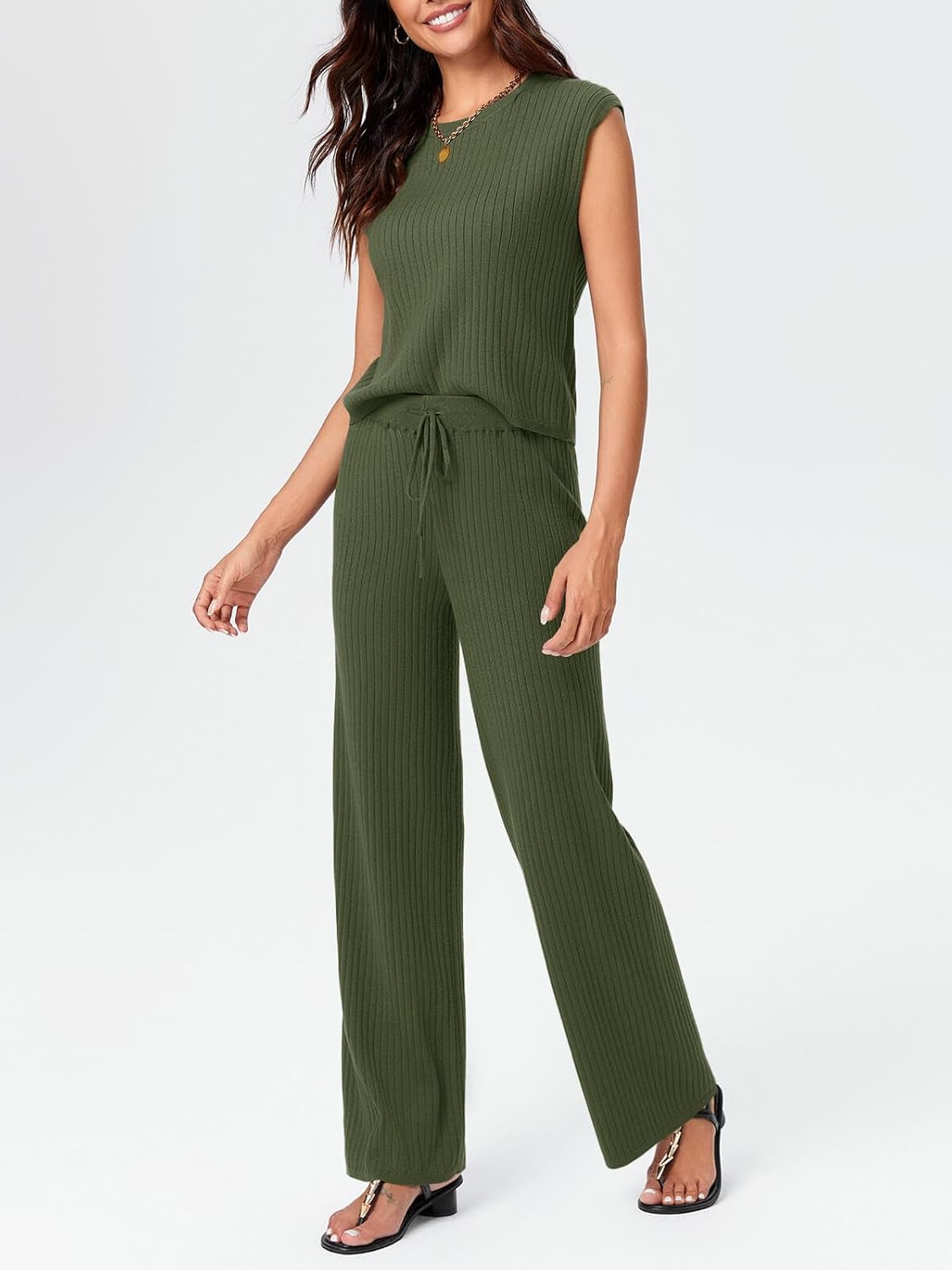 Imily Bela Womens 2 Piece Outfits Sweater Sets Knit Summer Casual Crewneck Sleeveless Tops Wide Leg Pants Tracksuits - Image 3