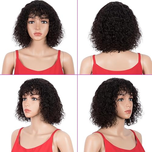 Miniatura 3 de Spotlight Pelucas de cabello humano virgen brasileño con flequillo de aspecto natural y ondulado de 10 pulgadas (rubio degradado, TT227)