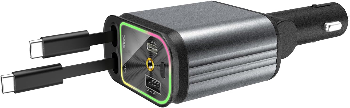 4 in 1 Car Charging Adapter with Star Projector Light Retractable Cable Double USB C & USB A Fast Car Charging for Phone