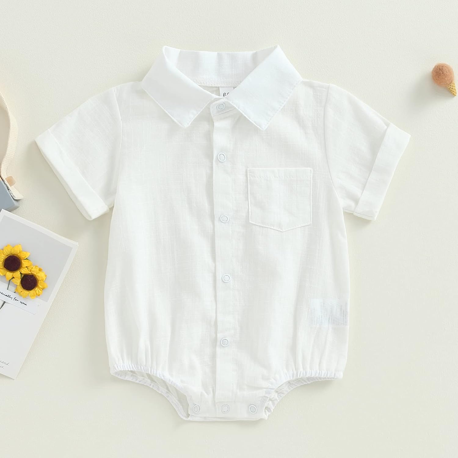 Newborn Baby Boy Cotton Linen Shirt Bodysuit Solid Color Short Sleeve Button Down Bubble Romper Summer Clothes - Image 2
