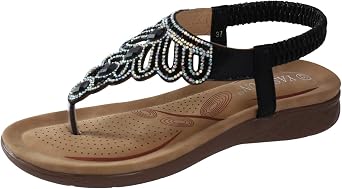 Women's Flat Sandals Boho Summer Rhinestone Beach Sandals,Womens Sandals Flip Flops Slipper Ankle Elastic T-Strap Flower Crystal Bohemia Shoes