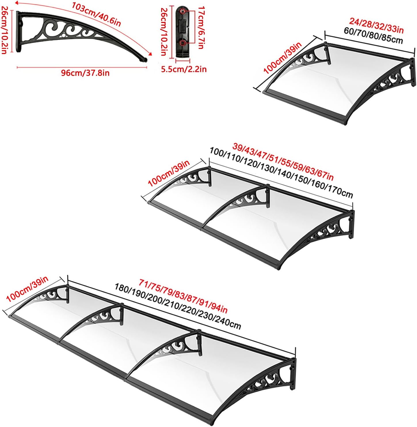 Outdoor Polycarbonate Door Canopy Awning with Thicken ABS Curved Brackets Crystal Clear Roof Mute Window Awning Resistant Shelter for Porch Roofing Canopies (100x60cm/39 x24)