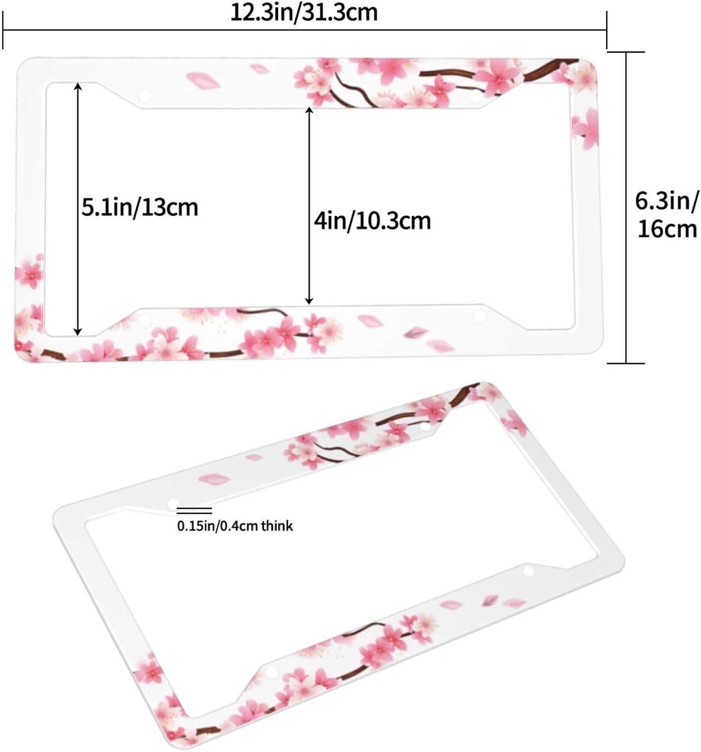 Pink Cherry Blossom On White Background License Plate Frame - 2Pcs Sakura Flower License Plate Holder Aluminum Metal Car Accessories Refreshing Cute Anime Design Fits Standard Us Vehicles with Screws image 3