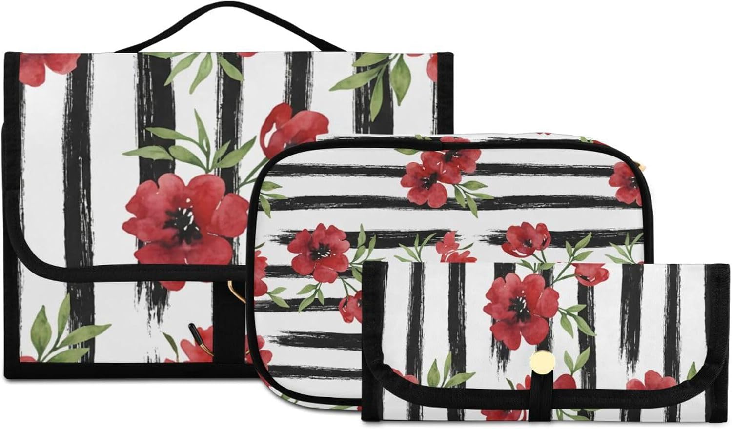 Watercolor Red Flowers 3-Piece Hanging Toiletry Bags Set, Travel Toiletry Bag, Travel Accessories Makeup Brushes Organizer, Cosmetic Makeup Bag