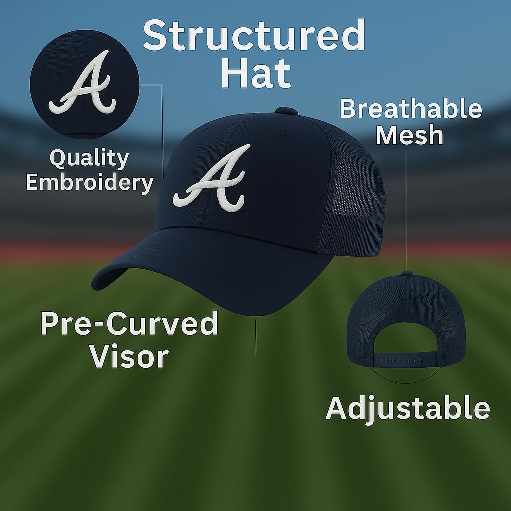 Officially Licensed Atlanta Baseball Navy/White Hat Classic Mesh Trucker Primary Team Logo Adjustable Embroidered Structured Blue Snapback Sports Cap