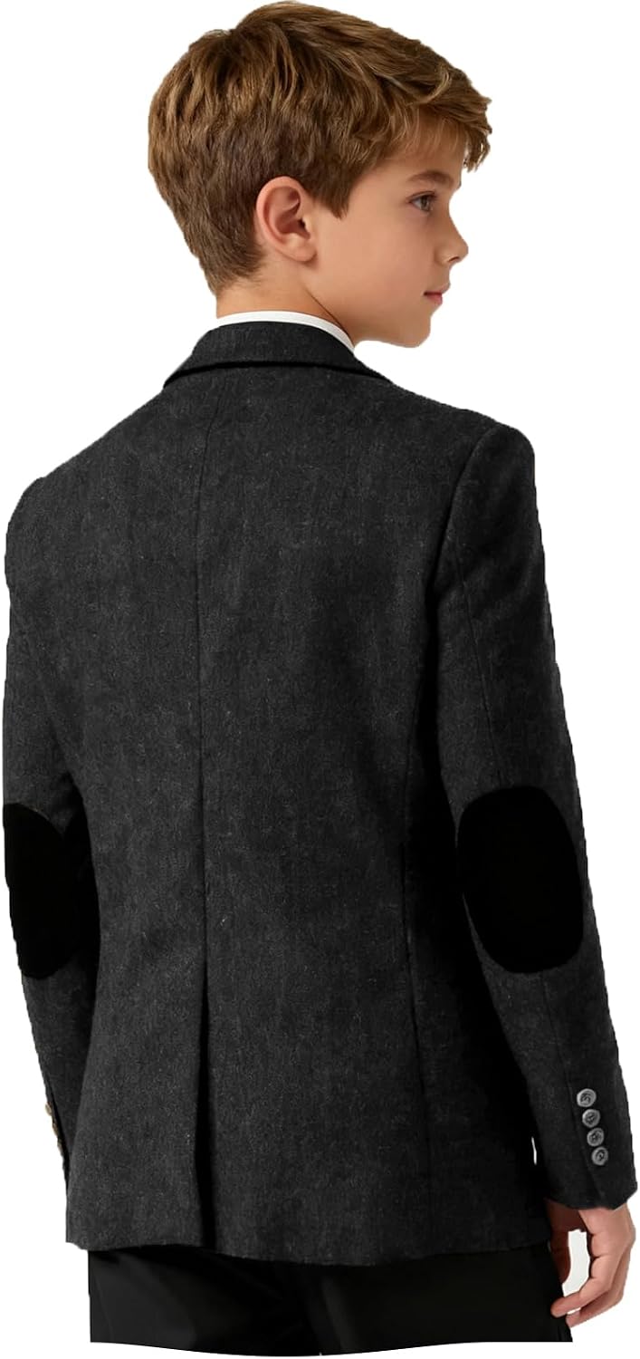 VENNYNG Kids Tweed Blazer with Faux Suede Elbow Patches Autumn Fall Christmas School Dress Coat Page Boy Wedding Jacket
