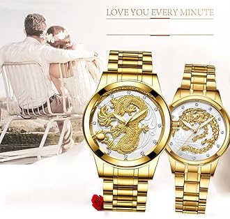 Goodern Men's Gold Watch,Luxury Luminous Couple Pair Watches 3D Dragon Diamond Watches for Men Stainless Steel Dragon Wristwatch Romantic Quartz Waterproof Business Watches His and Her Couple Watches