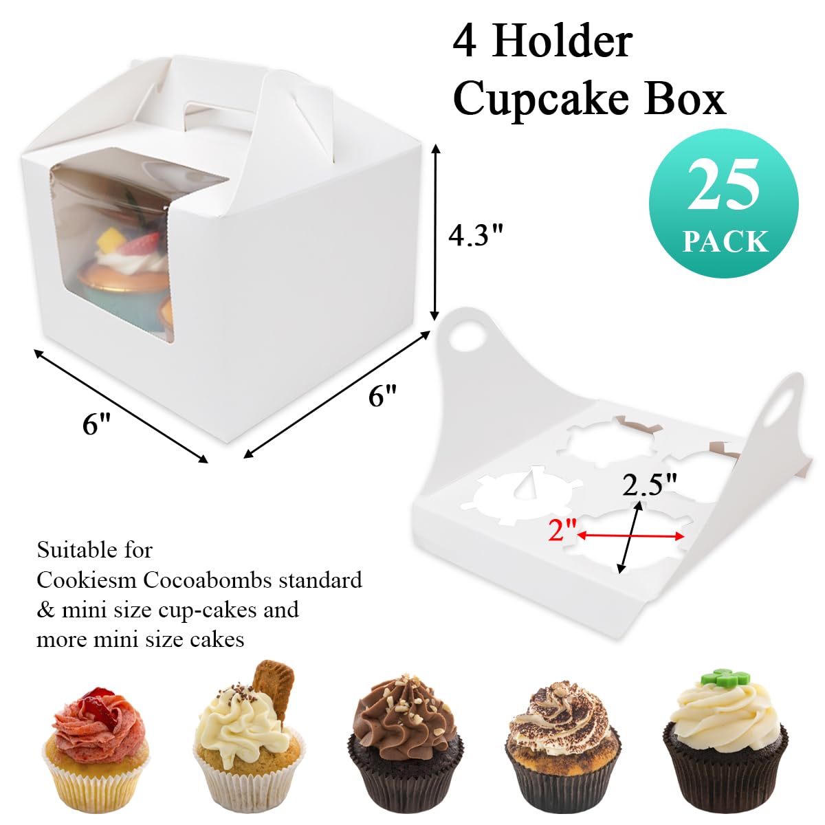 25 Pcs Cupcake Boxes, White Kraft 4-Cavity Cupcake Holders with Inserts and Window, 4 Treat Holder Cupcake Containers for Muffins Cocoa Bombs Packaging Togo Boxes Birthdays Showers Party Favors