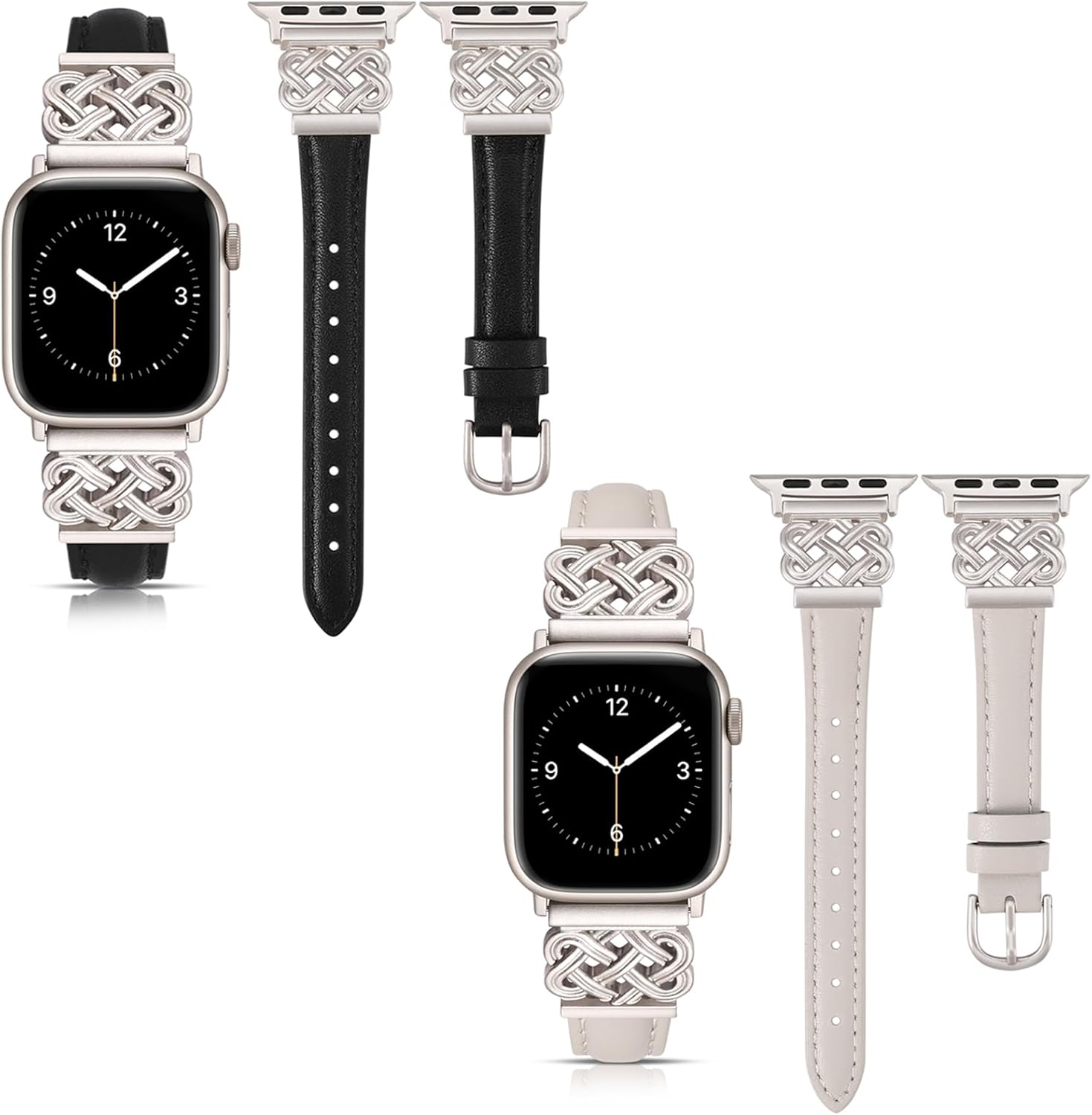 TOYOUTHS Compatible with Apple Watch Bands Leather 38mm/40mm/41mm/42mm(Series 10) Women Slim Leather Strap with Designer Dressy Interlock Buckle iWatch Series 10/9/8/7/6/5/SE/4/3/2/1, Starlight+Black