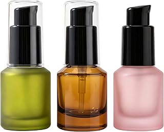 TUPWELY 3 Pcs 15ml Glass Travel Pump Bottles Refillable Lotion Toiletries | threaded screw closure, even press dispenser, light shaded frosted glass, small portable size, multi-liquid storage container