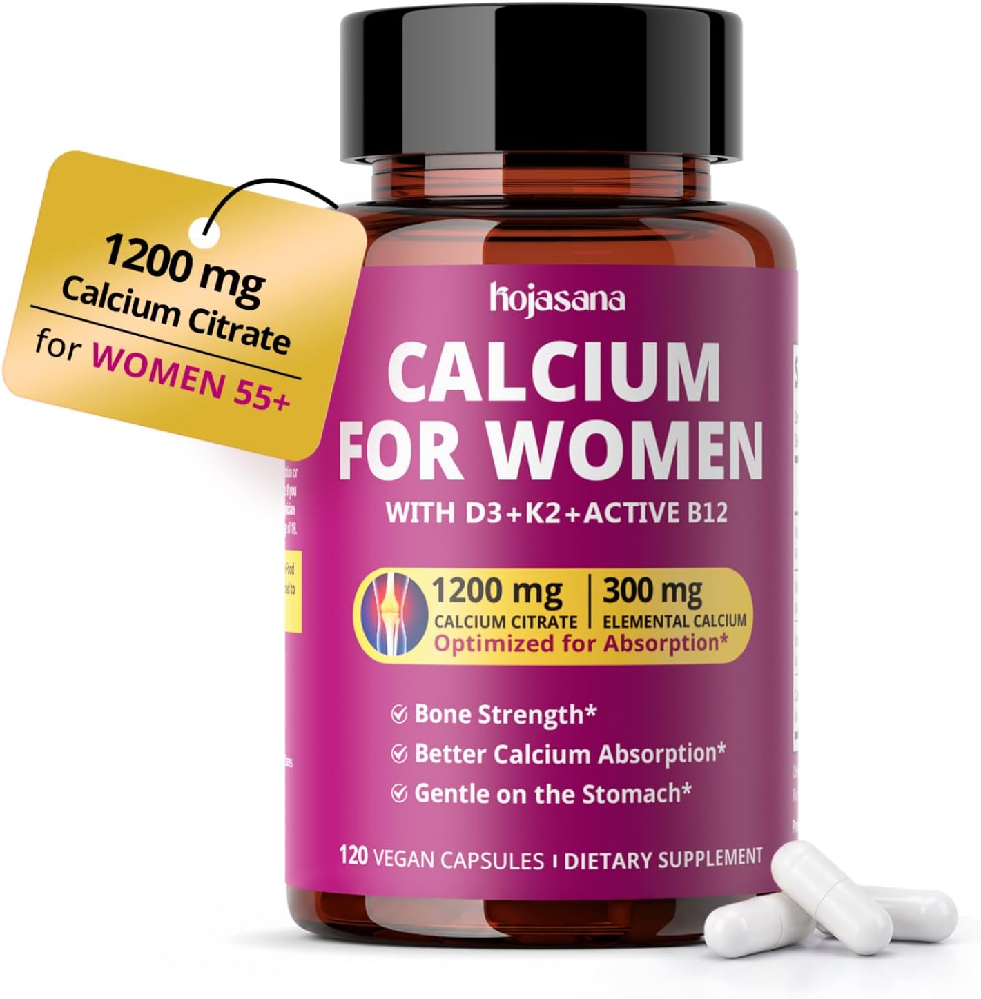 Calcium 1200 mg with Vitamin D3, Calcium Supplements for Women 55+ | High Absorption & Gentle Calcium Citrate with D3 K2 & Active B12 - Bone Density & Health, Non-GMO, Vegan, 120 Capsules