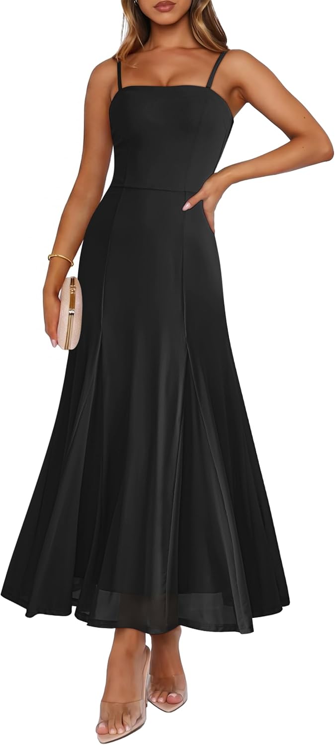 Caracilia Maxi Dresses for Women Formal Mesh Spaghetti Strap Cocktail Wedding Guest Party Floral Flowy Dress 2026 Summer