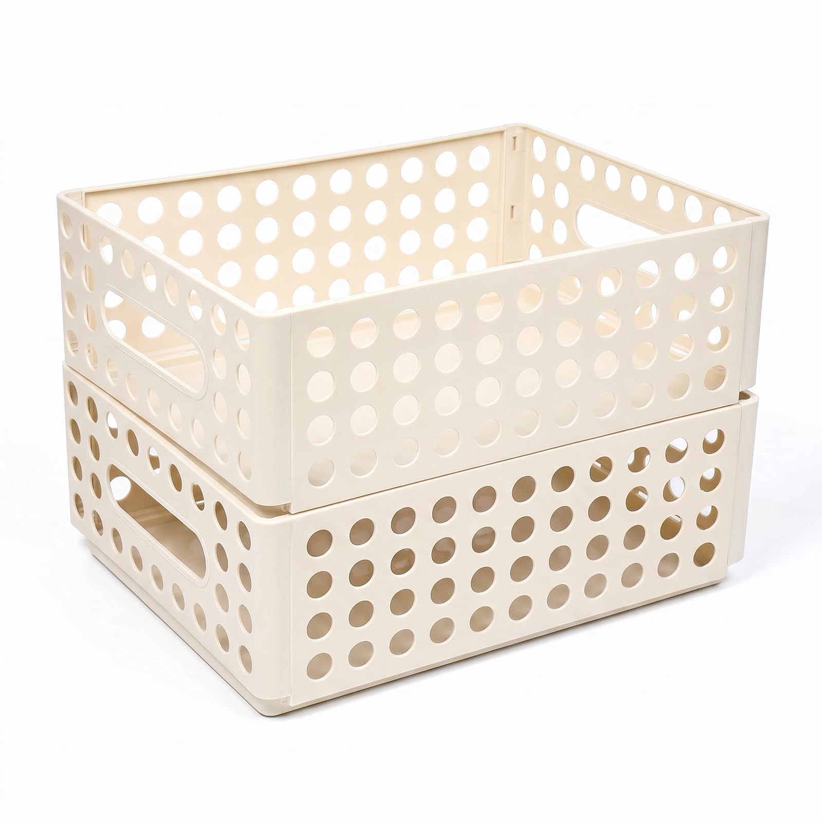 Marte Vanci Collapsible Plastic Storage Baskets, Foldable Crates Stackable Organizing Bins with Handles for Shelves, Desk, Cupboard, Kitchen Pantry Bathroom Bedroom Cream 2 Pack
