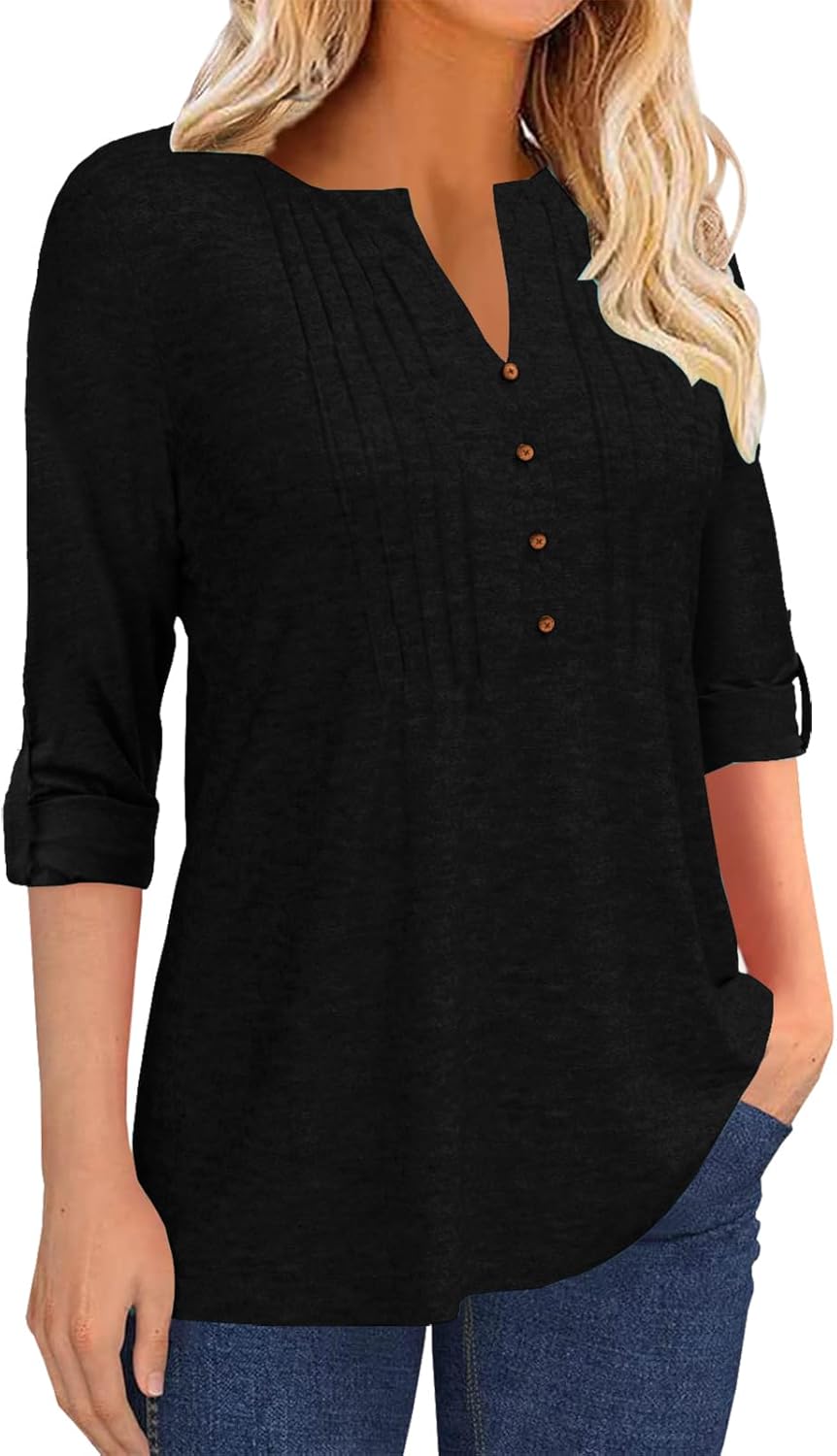 Grlasen Women's Fashion Long Sleeve T-Shirt Pleated Button V-Neck Solid Color Casual Tunic Top - Image 2