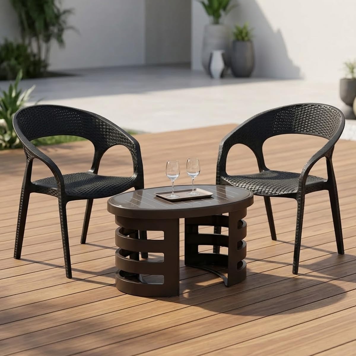 Nilkamal Club Chair and Mystique Glass Top Coffee Table Set | 2 Chairs and 1 Table | Plastic Furniture Set for Indoor and Outdoor Use, Balcony, Garden, Patio | Charcoal Grey and Season Rust Brown-image-28
