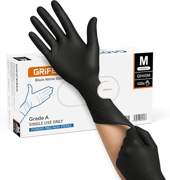GRIFEMA Gants Nitrile Jetables Noirs Taille M – Boîte de 100 – Sans Poudre & Sans Latex, Résistants, Alimentaires – Idéal pour Industrie, Laboratoire, Nettoyage & Restauration - 1