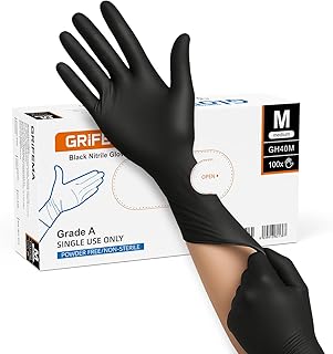 GRIFEMA Luvas de nitrilo pretas M, descartáveis resistentes, sem pó e sem látex, para limpeza, cozinha, mecânico, oficina, caixa de 100