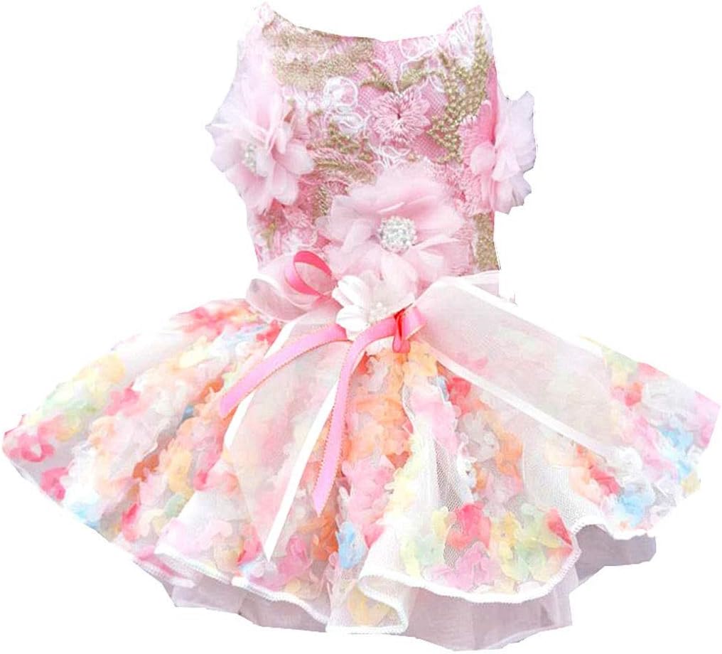 Dog Clothes Pet Wedding Dress Pink Gorgeous Three-Dimensional Flowers Exquisite Wedding Dress Pet Dress (Medium)