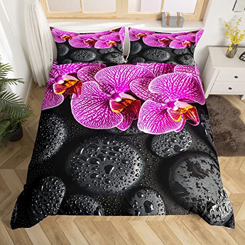 Homemissing Zen Stones Housse de Couette Méditation Zen Spirituelle Floral Parure de Lit 220x240cm pour Enfants Décor Tranquille Nature Oeuvre Parure Housse de Couette 3Pcs