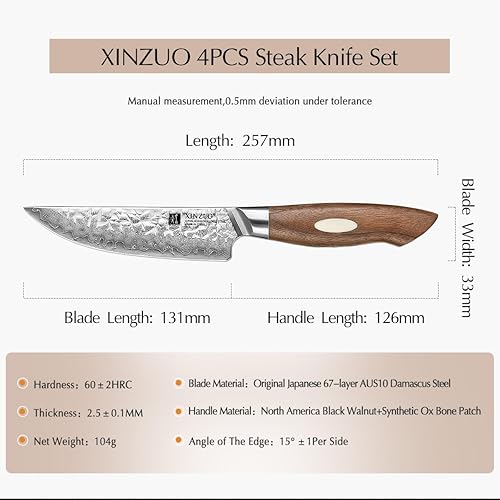 Miniatura 2 de XINZUO Juego de 4 cuchillos para carne de 5 pulgadas, acero japonés AUS-10 de 67 capas forjados de Damasco con caja de regalo, cuchillo de mesa de