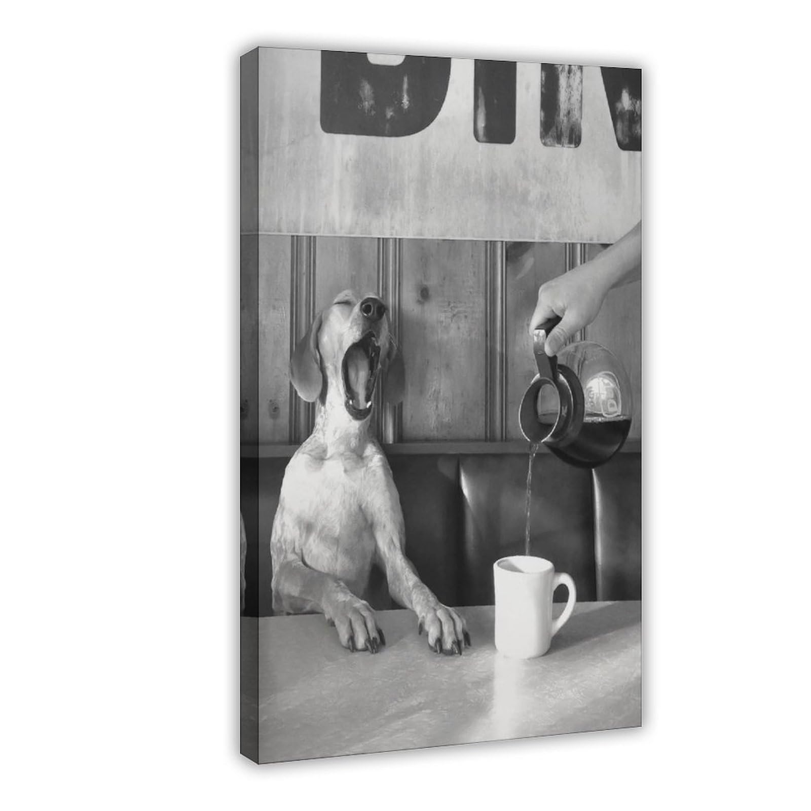 Póster de lienzo retro en blanco y negro con diseño de perro bebiendo café, decoración de dormitorio, paisaje, oficina, habitación, regalo, 40 x 60 cm