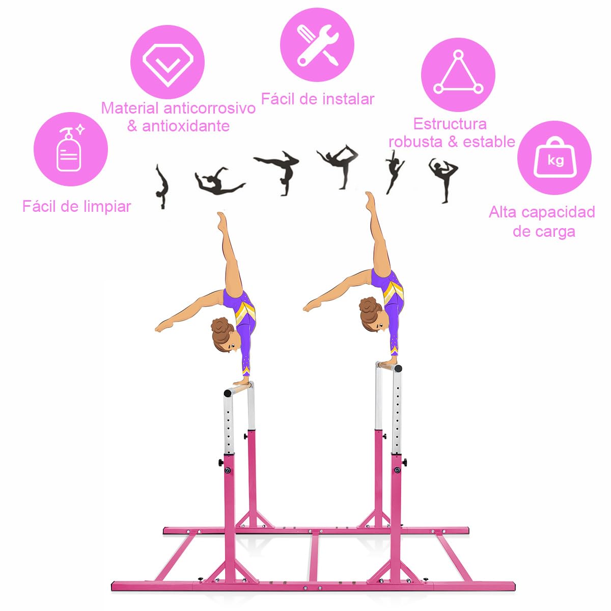 COSTWAY Barra de Gimnasia para Niños 6 a 12 años, Doble Barras, Barra Horizontal Gimnasio Artística con Ancho Ajustable y 11 Alturas, Capacidad de 100 KG