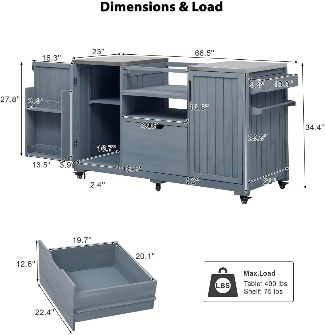 66.5" Outdoor Kitchen Island for Big Green Egg Grills, Solid Wood Outdoor Grill Cart for Tabletop Grill with Stainless Steel Top, Drawer, Grey Blue