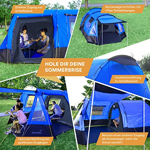 Skandika Kambo Tunnel Family Tent with 3 Entrances, Sun Canopy, 3000 mm Water Column, 4-Person (Blue)