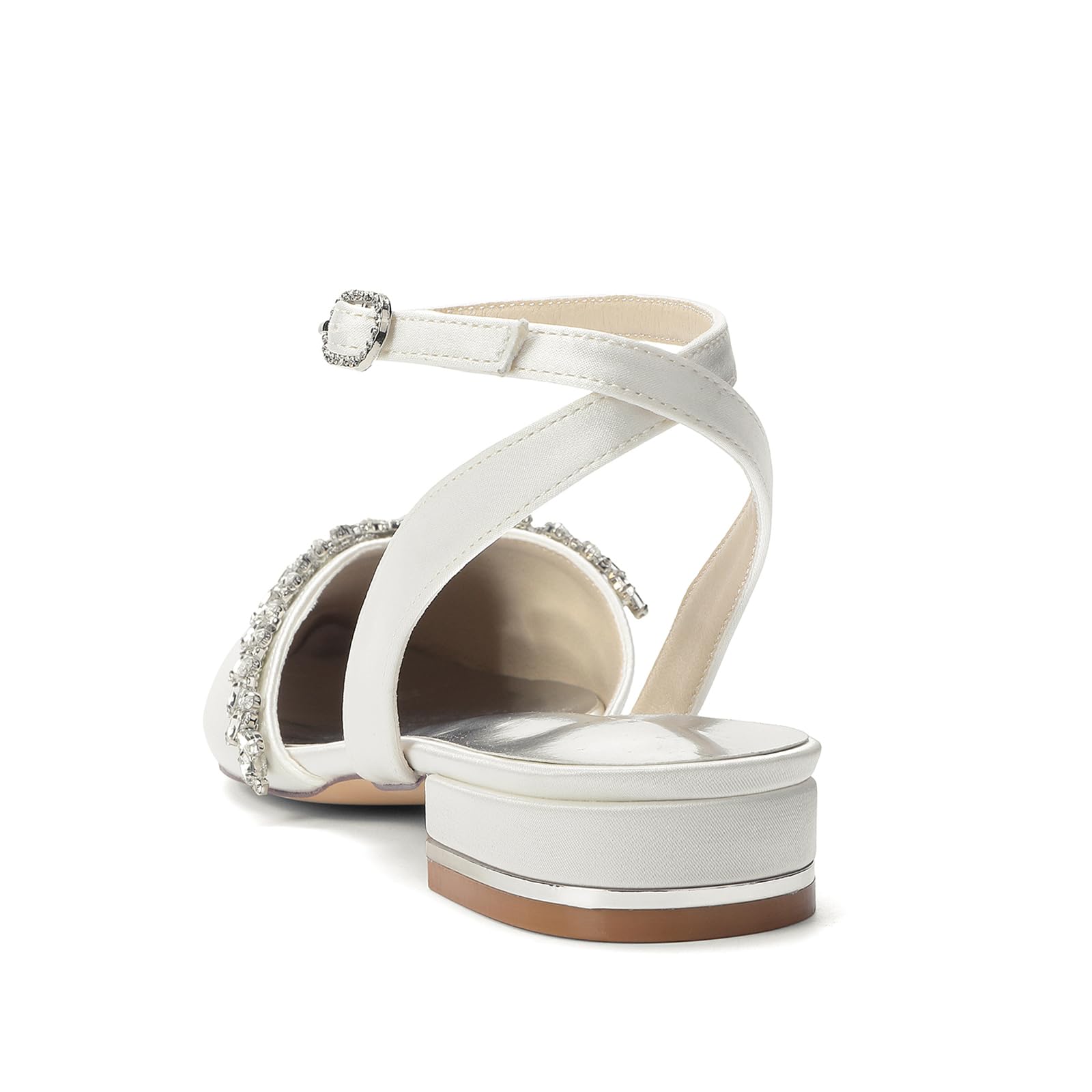 Scarpe da Sposa Basse in Raso Slingback per Donna Avorio, Bianco, Ballerine Eleganti a Punta con Strass e Cinturino alla Caviglia, Scarpe Cerimonia per Matrimonio e Festa