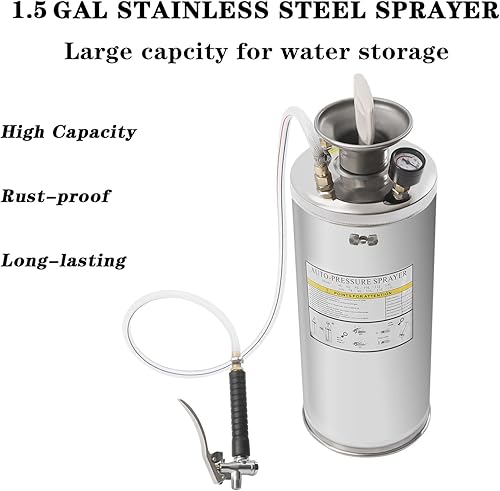 Miniatura 3 de Pulverizador de acero inoxidable de 1.5 galones, juego con varita y mango de 19.6 pulgadas y manguera reforzada de 3.9 pies, rociador de bomba