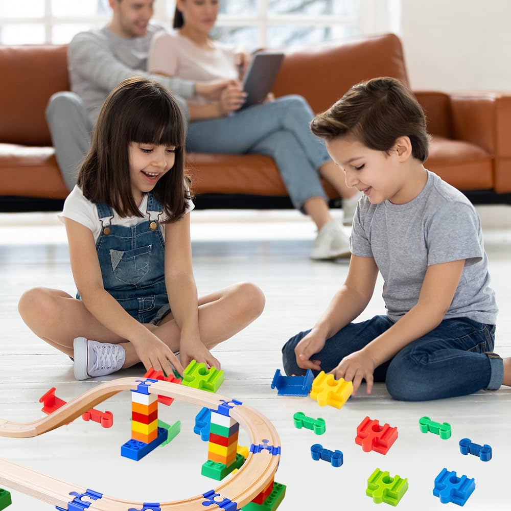 Train en Bois Enfant Accessoires de Rail en Plastique, 28 Pièces Adaptateurs De Pont Compatibles, Adaptateurs de Rails en Bois Universels, Convient pour Les Enfants Agés de 3 à 7 Ans