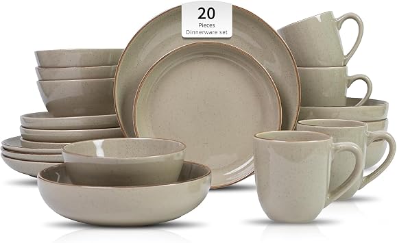 HomeVSS 20-Piece Dinnerware Set - Serves 4, Shiny Glaze Beige plates and bowls sets with Speckle Effect for Microwave & Dishwasher Safe