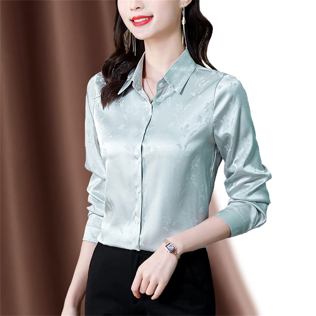 Blusa de satén de Manga Larga con Estampado Floral para Mujer Camisa de Vestir de Trabajo con Botones y Cuello en V para Mujer Gray M