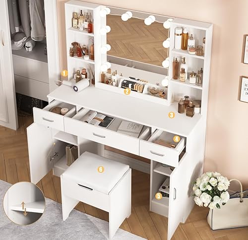 Miniatura 3 de Vabches Makeup Vanity Desk with Mirror and Lights, 3 Lighting Colors, White Vanity Set Makeup Dress Table, Large Vanity with 3 Drawers, 2 Cabinets