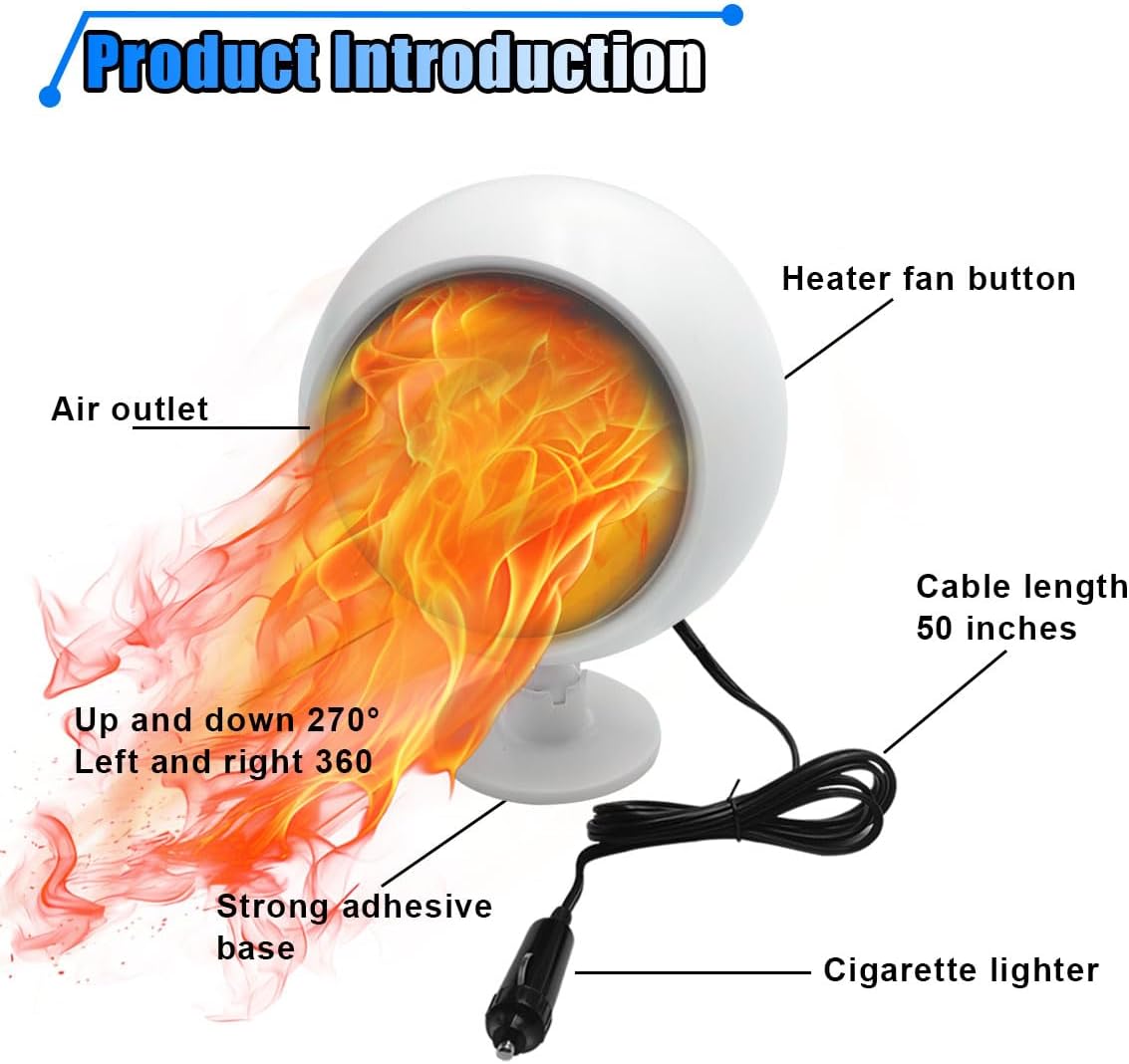 12V Car Heater, 360° Rotatable Dashboard Heater for Car, 120W Portable Windshield Defroster Defogger That Plugs into Cigarette Lighter, 2 in 1 Car Heater Cooling Fan (White)