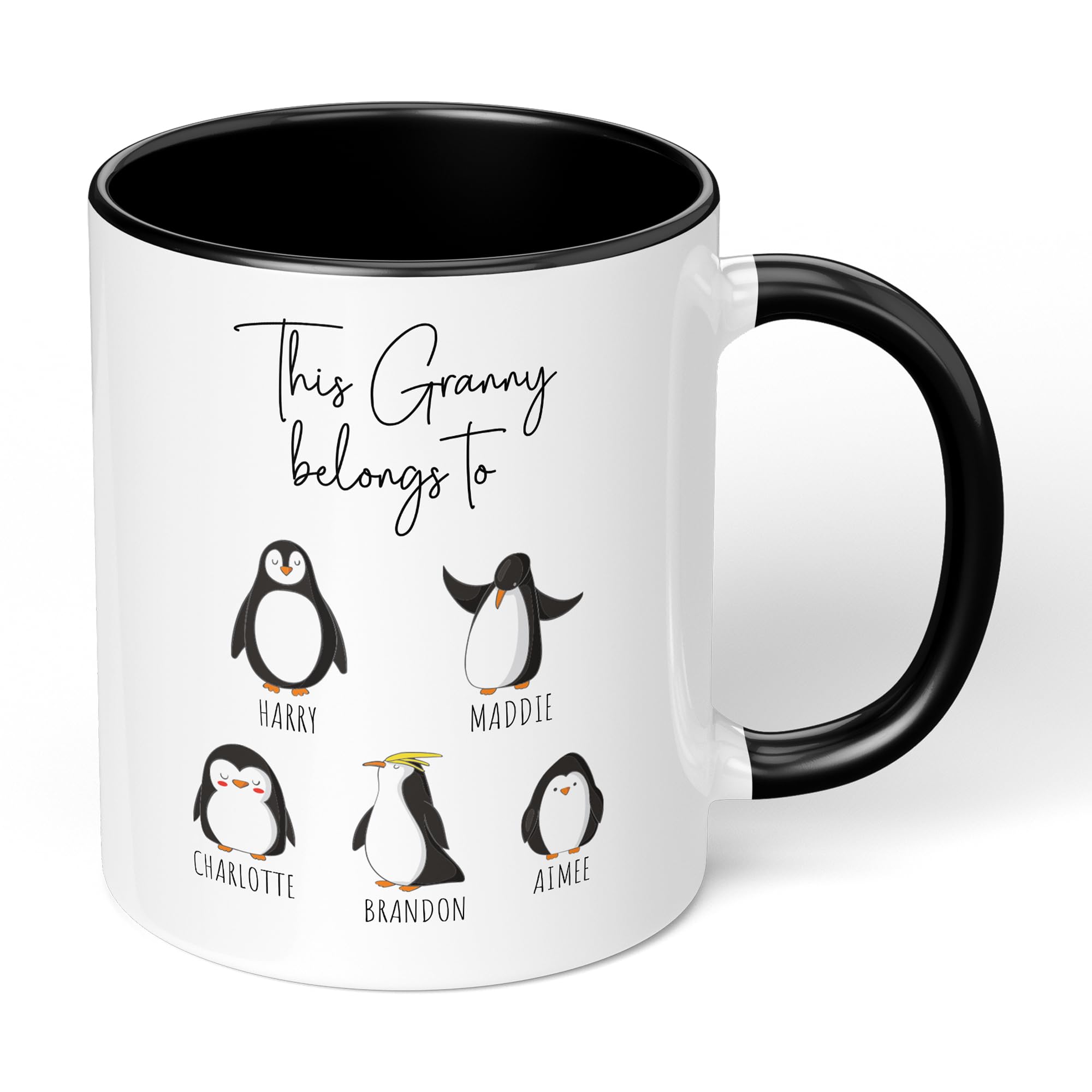 Print Maniacs Mothers Day Mug Cup 11oz Personalised Birthday Christmas Mum Mummy Grandma Auntie Nanny New Born Baby First 1st Gift Present for Her Penguins (Black Fill Mug, Granny)