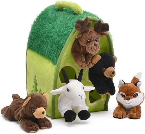 Casa de animales de peluche con animales cinco 5 animales de bosque relleno oso marrĂłn oso negro alce rana zorro en casa de transporte de bosque Casa de animales de peluche con animales cinco 5 animales de bosque relleno oso marrĂłn oso negro alce rana zorro en casa de transporte de bosque