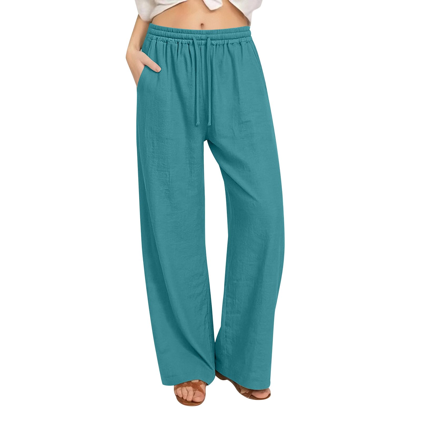 Linen Pants Women Summer Baggy Wide Leg Flowy Pants Drawstring High Waistes Slacks Loose Comfy Beach Travel Trousers — view 4