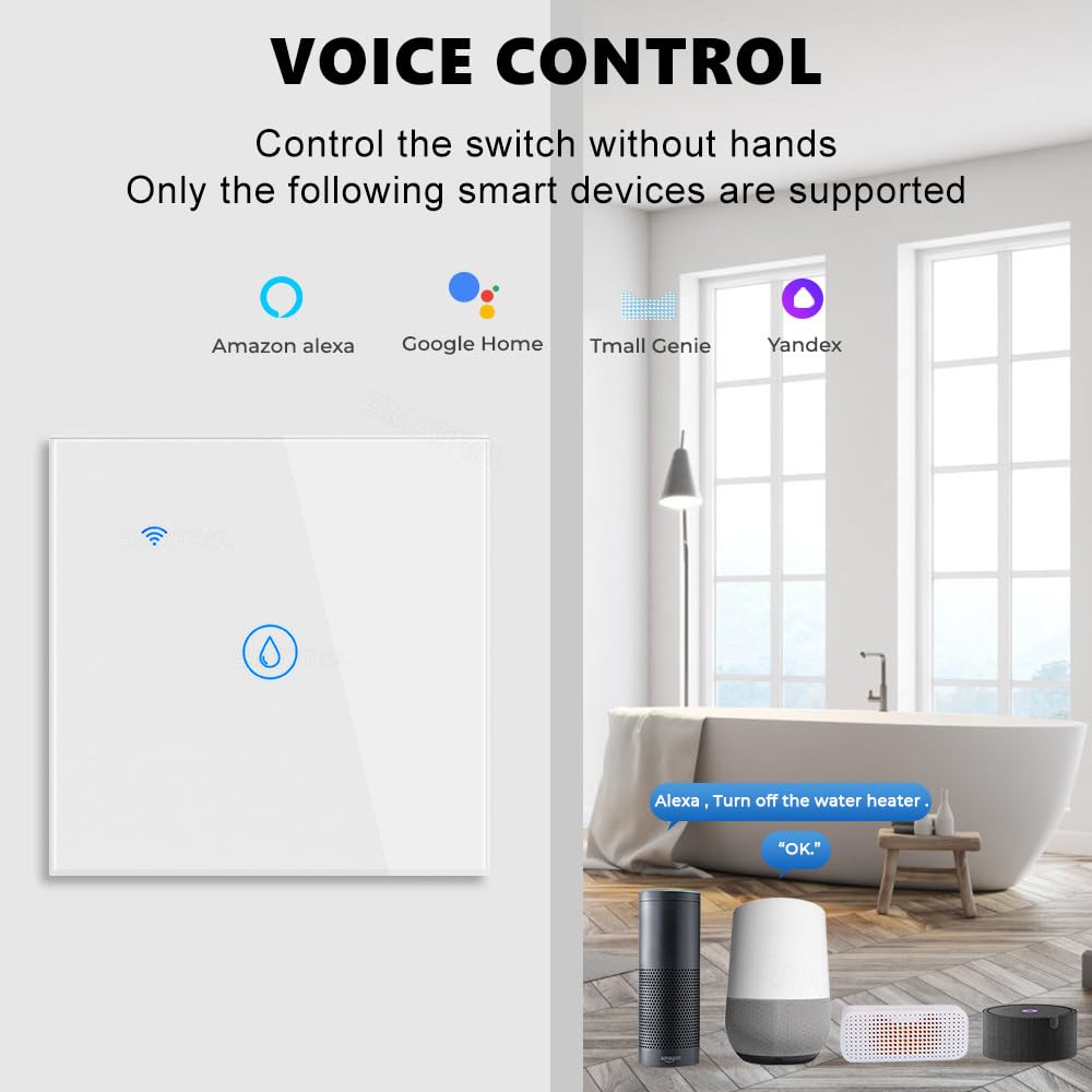WiFi Smart Heizung Timer Schalter Wand Touch Kessel Schalter Kompatibel mit Alexa, Home, Smart Life APP (Weiß, 40A 8000W)