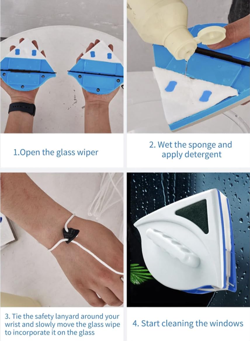 Nettoyeur de vitres à double face magnétique double face avec aimant puissant, nettoyant pour vitres double verre avec accès précis aux coins et kit de rechange complet inclus (blanc)