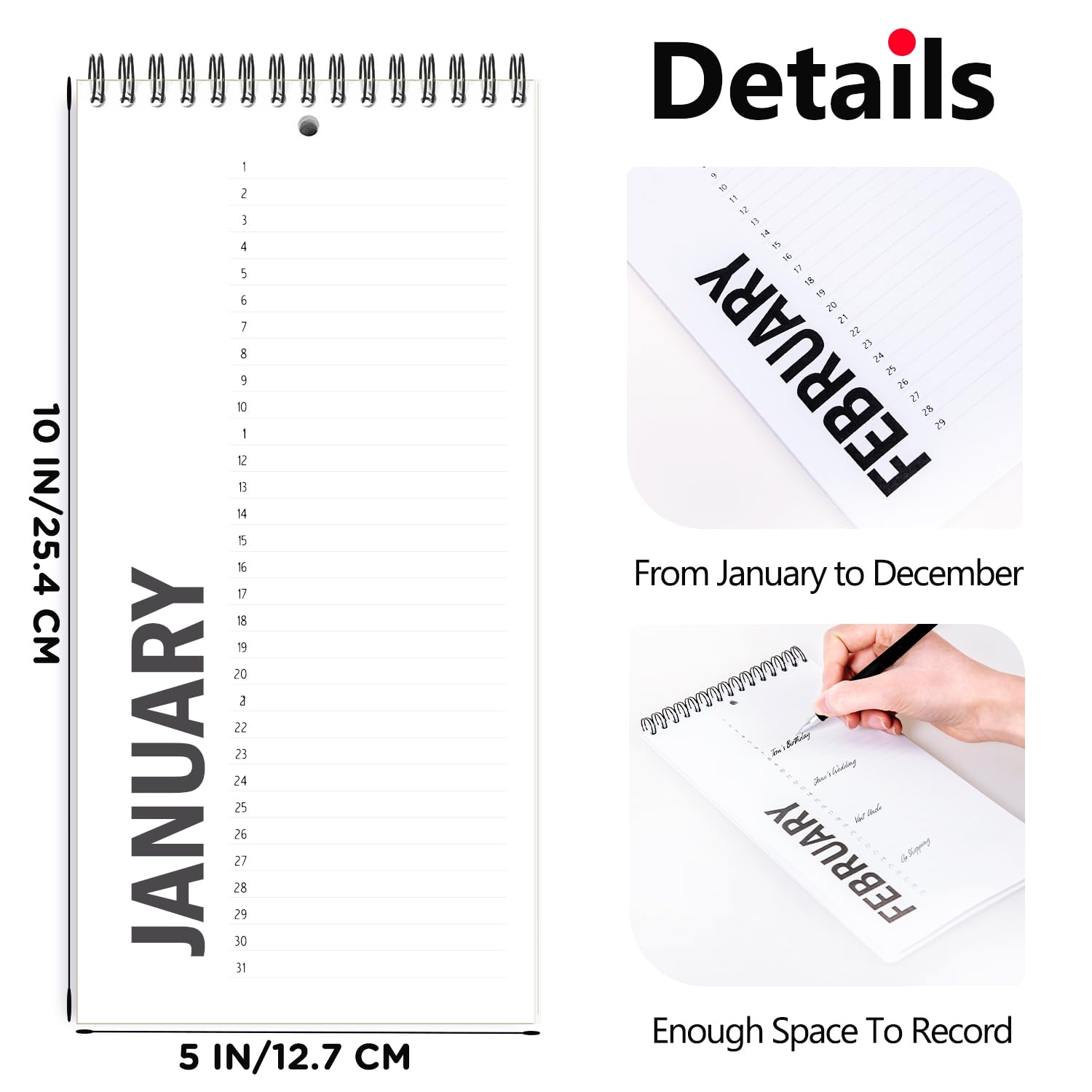 v2croft Eeuwigdurende kalender, 12,7 x 25,4 cm minimalistische speciale gebeurtenisherinneringskalender boek, Sprial maandelijkse en dagelijkse wandorganizer voor belangrijke datums, verjaardagen