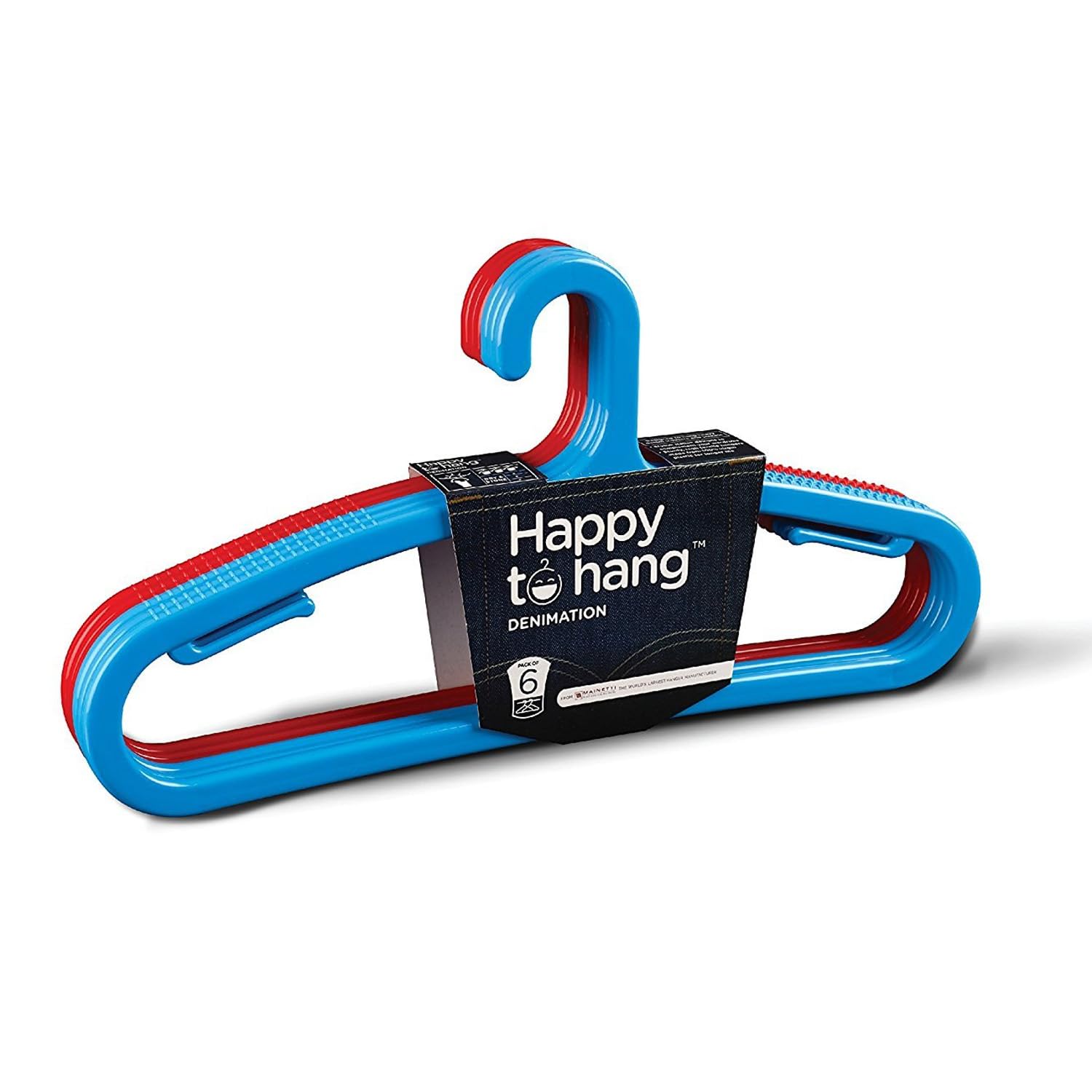 Happy To Hang DENIMATION Plastic Cloth Hangers | Durable Wardrobe Hangers for Clothes | Heavy Duty Hanger Set for Denim, Jackets, Sarees & Cupboard Storage | Pack of 6 (Blue & Red, 42 cm)