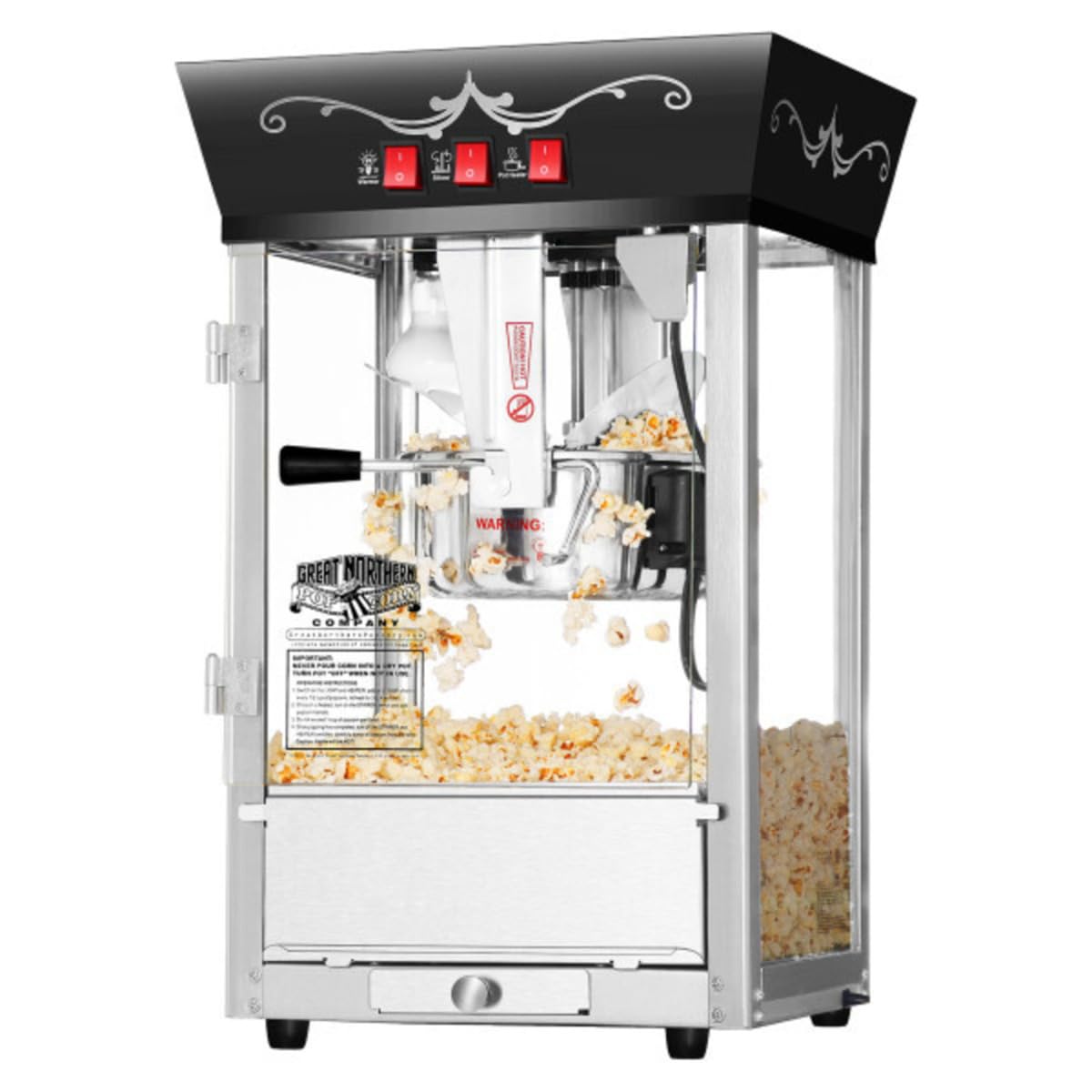 matinee popcorn machine - 8oz popper with stainless-steel kettle reject kernel tray warming light and accessories by great northern popcorn black