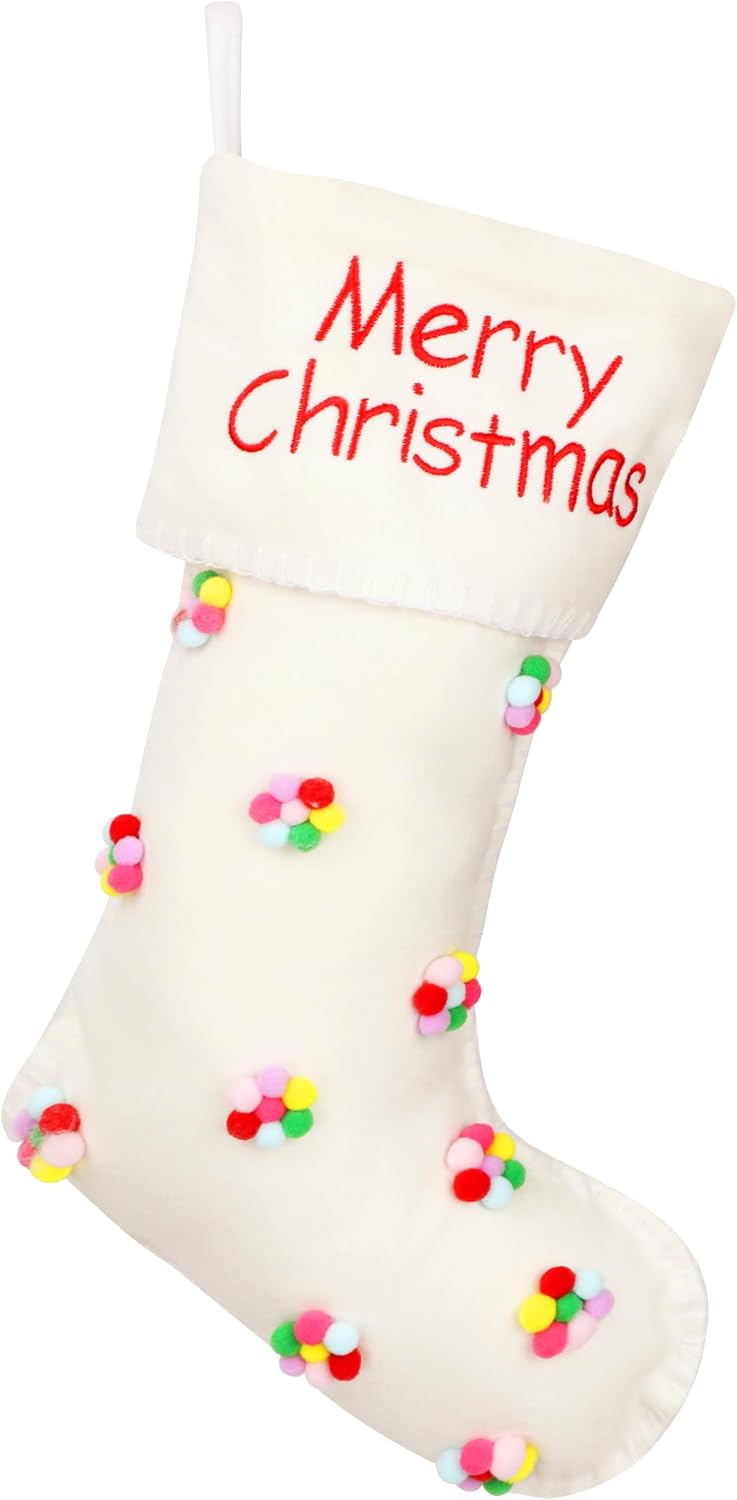 Hopearl Pom Pom Christmas Stocking Boho Style Fireplace Sock, Cream, 18'' image 3