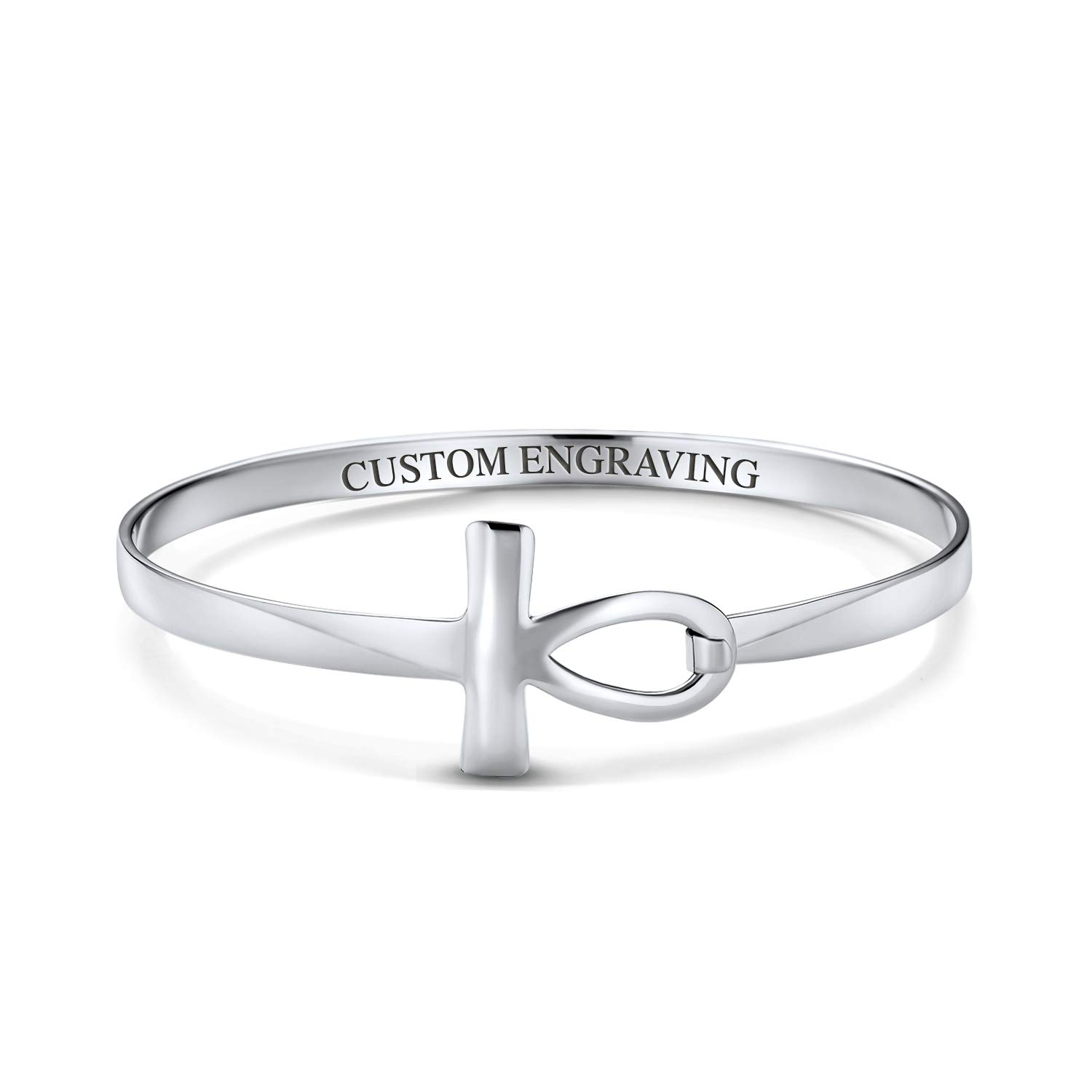 Bling Jewelry Bracciale Rigido Con Croce Ankh Egiziana In Argento Sterling 925 Per Donne Adolescenti - Chiave Spirituale Della Vita Incisa Personalizzata In Orizzontale