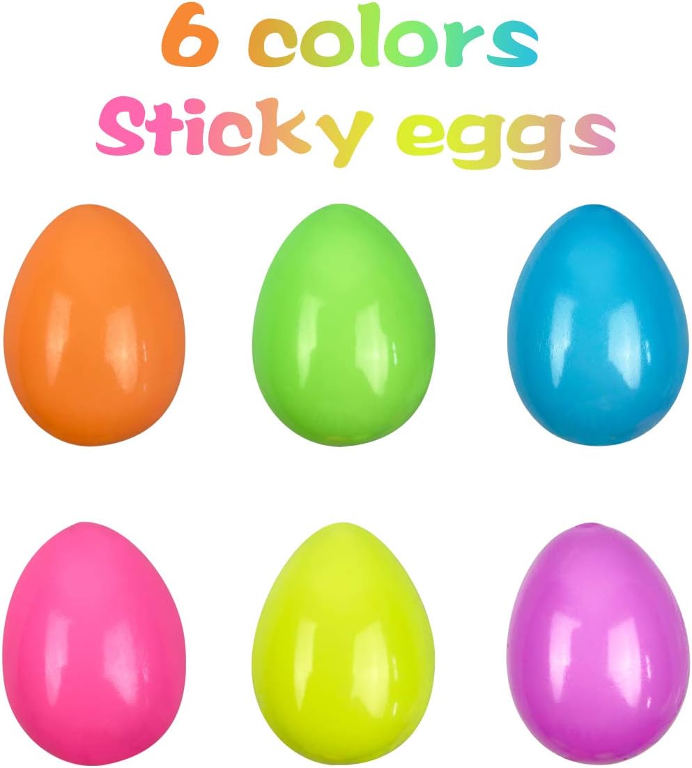 QINGQIU 6 Pack Glow in the Dark Sticky Ceiling Easter Eggs Squishy Stress Relief Toys for Kids Boys Girls Toddlers Easter Basket Stuffers Gifts Party Favors