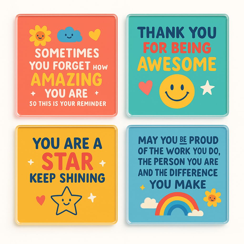 The Plum Penguin Uplift Vibes Acrylic Coaster Gift Set Of 4 With Motivational Quotes - Collection For Friends, Colleagues, Or Home Decor
