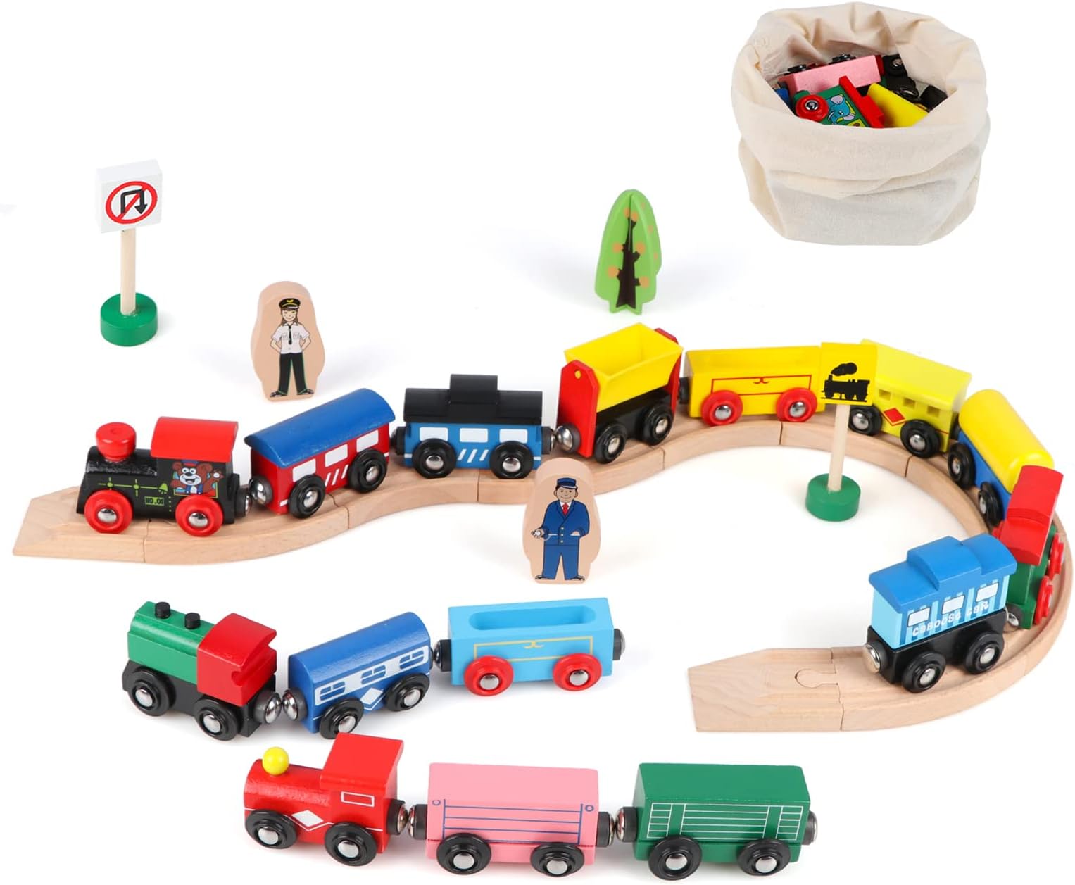Jacootoys 31 PCS Wooden Magnetic Train Cars Set 15 Cars 10 Tracks with Storage Bag for Kids Toddlers, Compatible with Major Brands Train Tracks Set